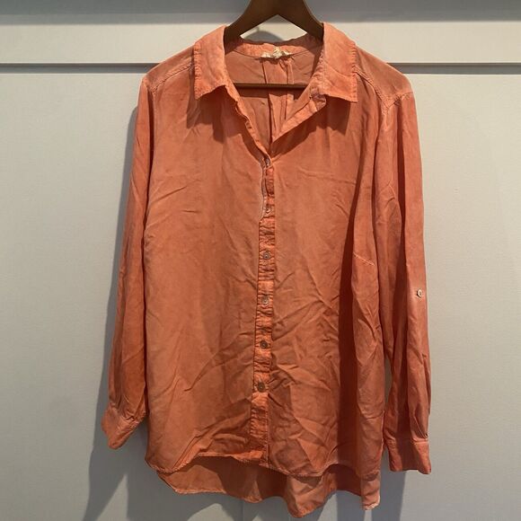 Jane + Delancey Top Women 1X Orange Watercolor Roll Tab Boho Fall Colors - Picture 1 of 11